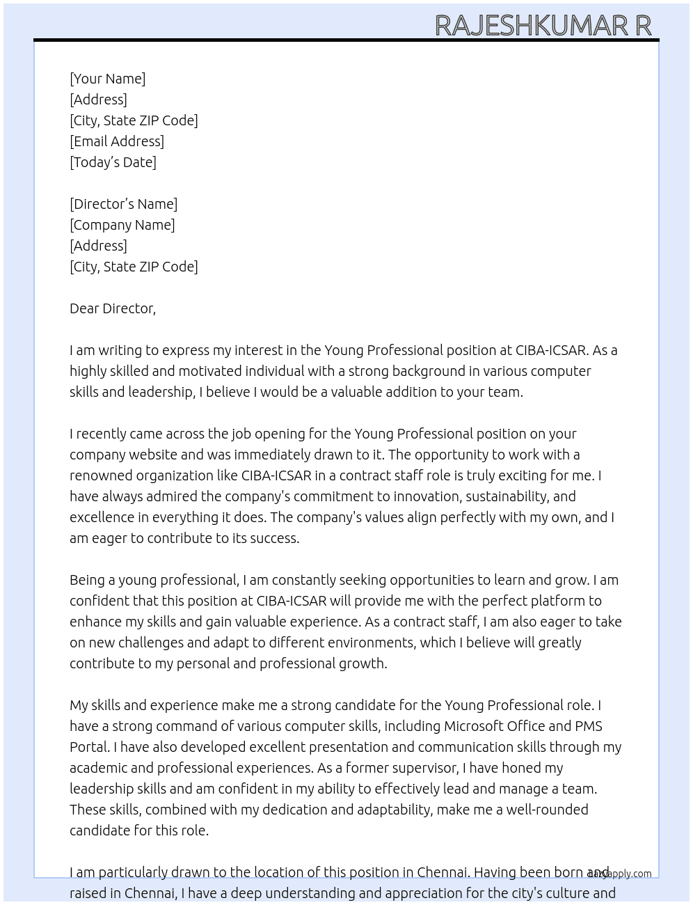 Young Professional  At CIBA -ICSAR Cover Letter