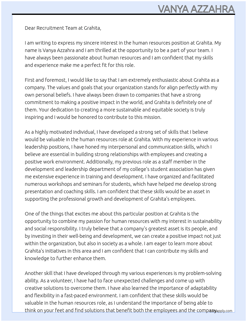 human resources At grahita Cover Letter