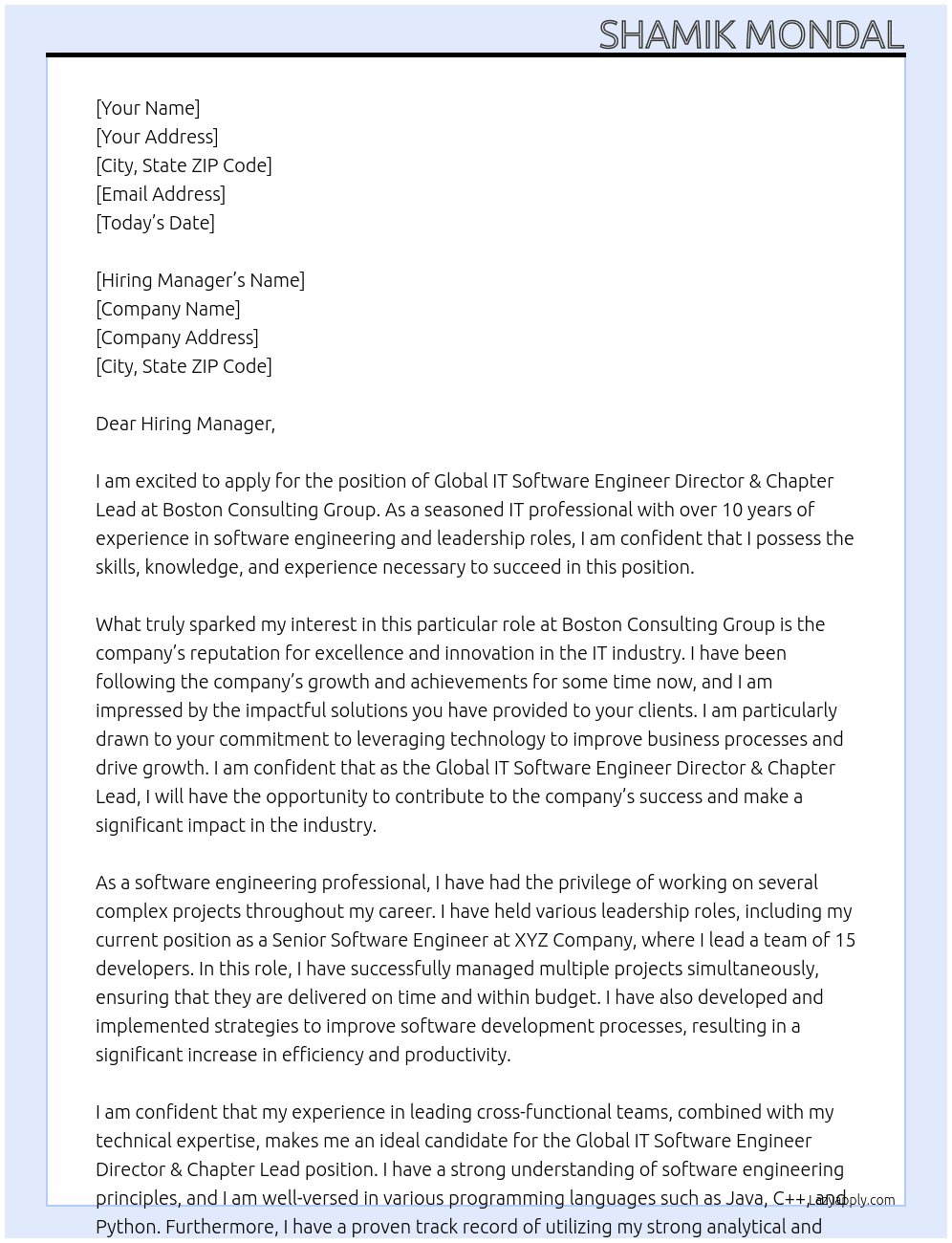 Global IT Software Engineer Director & Chapter Lead At Boston Consulting Group Cover Letter