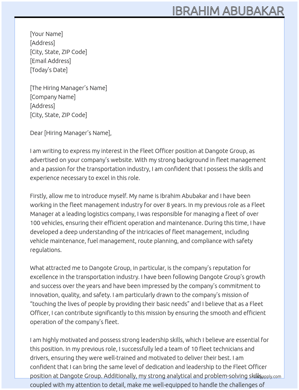 Fleet Officer At Dangote Group Cover Letter