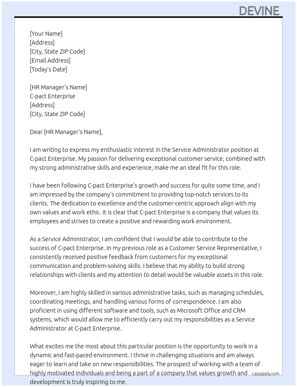 Service administrator  At C-pact enterprise Cover Letter
