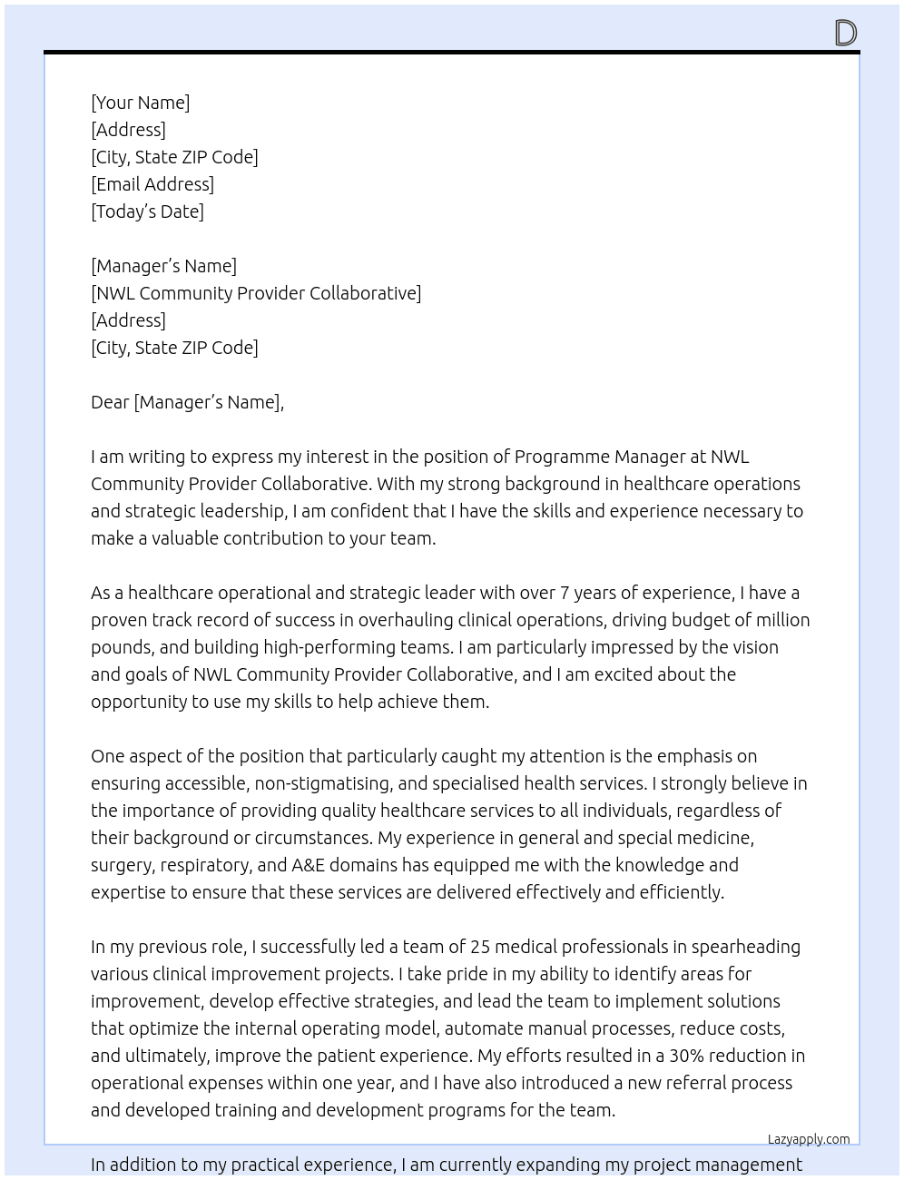 Programme Manager – NWL Community Provider Collaborative At NWL Community Provider Collaborative Cover Letter