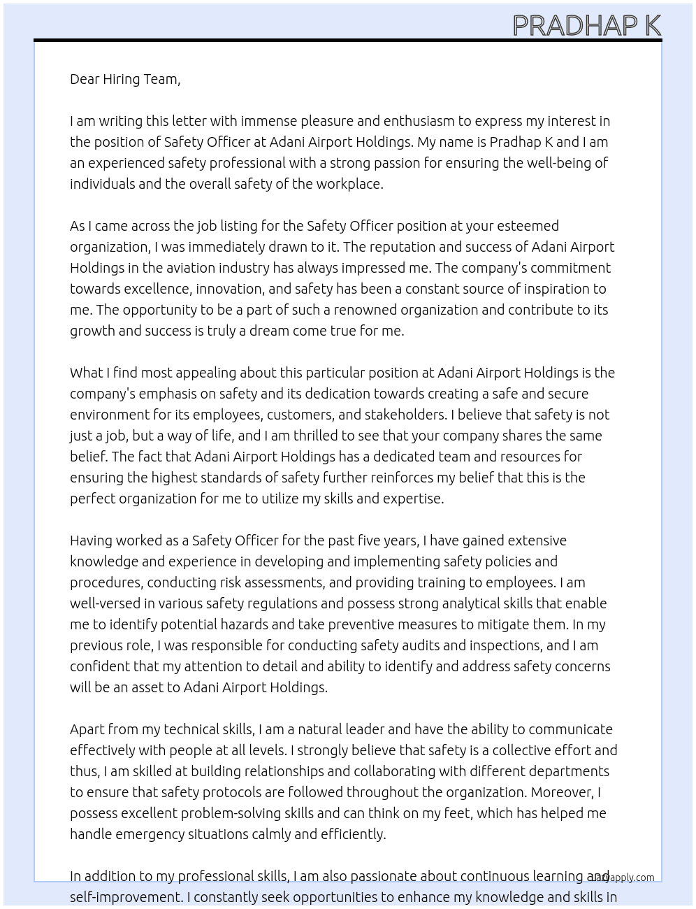 Safety officer  At Adani Airport Holdings Cover Letter