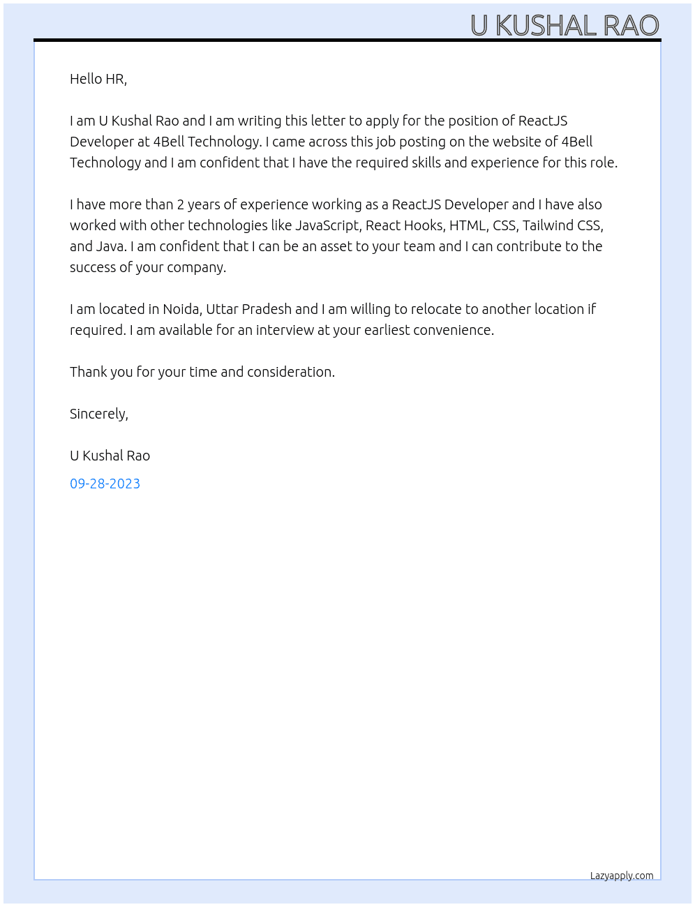 ReactJS Developer At 4Bell Technology Cover Letter