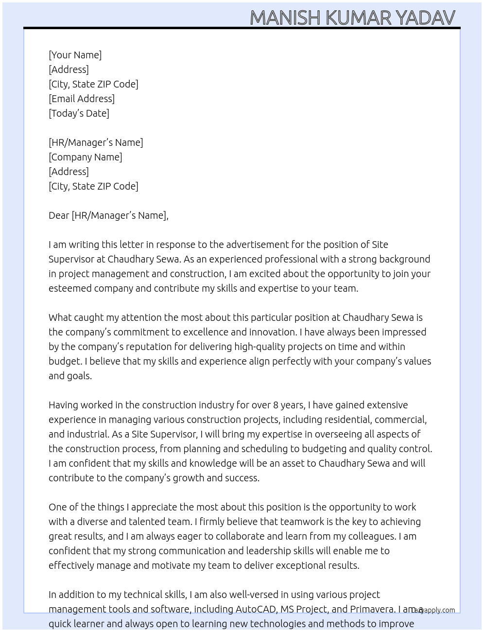 site supervisor At chaudhary sewa  Cover Letter