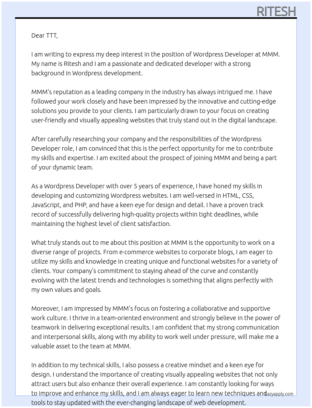 Wordpress Developer At MMM Cover Letter