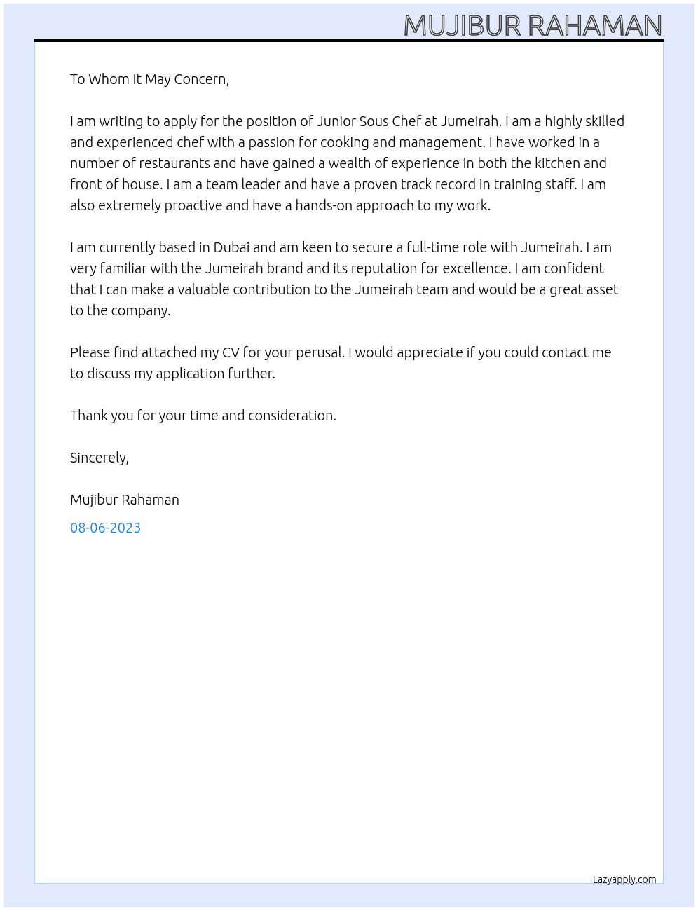 Junior Sous Chef At Jumeirah Cover Letter