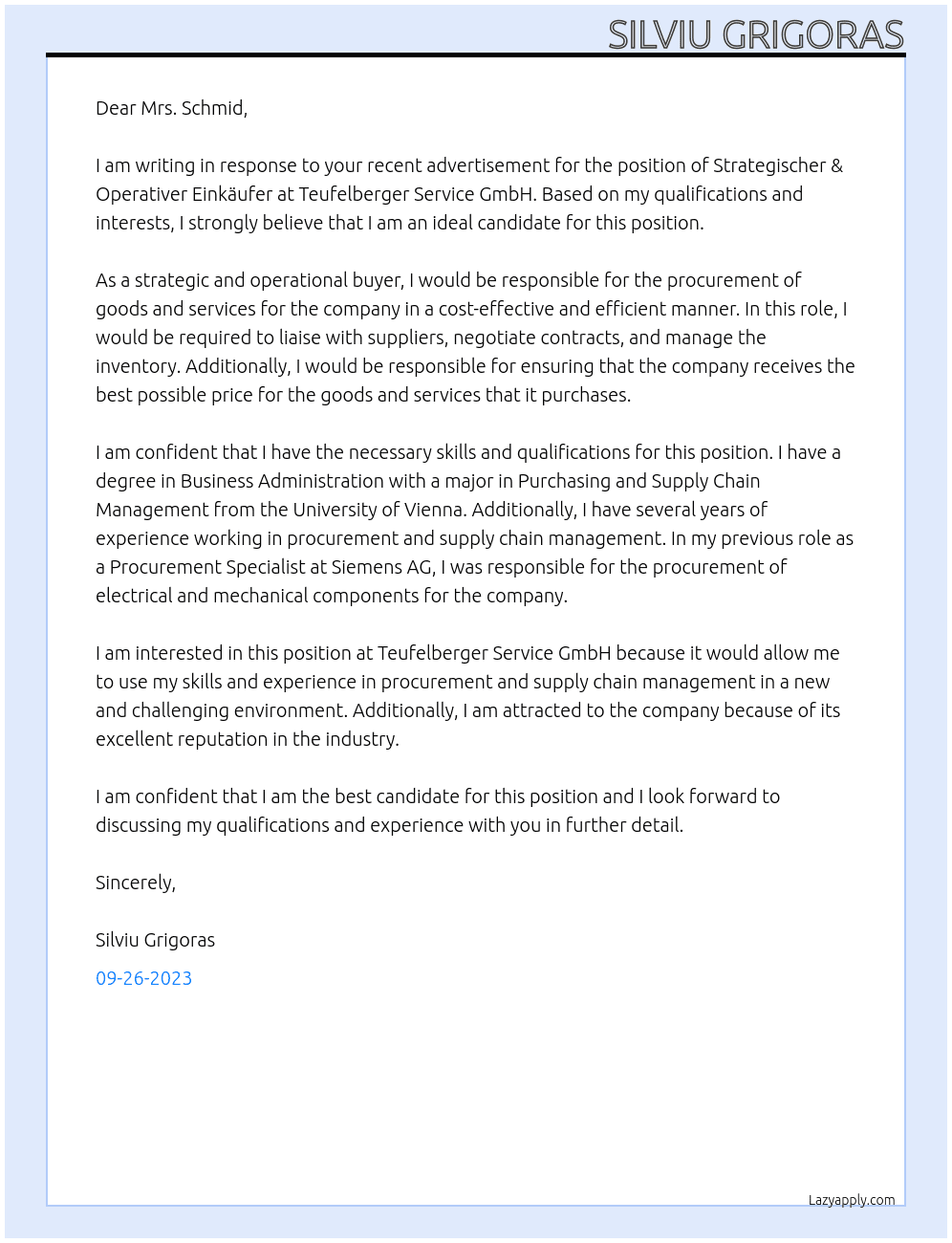 Strategischer & Operativer Einkäufer At Teufelberger Service GmbH Cover Letter
