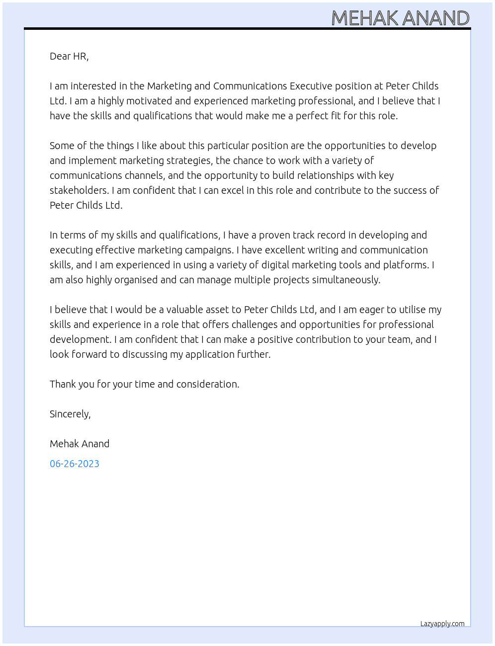 Marketing and Communications Executive At Peter Childs Ltd. Cover Letter