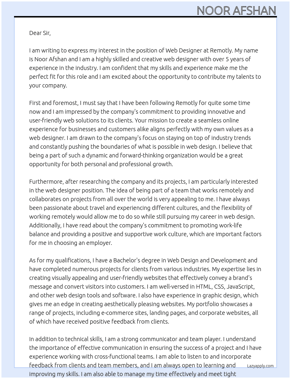 web designer At remotly Cover Letter