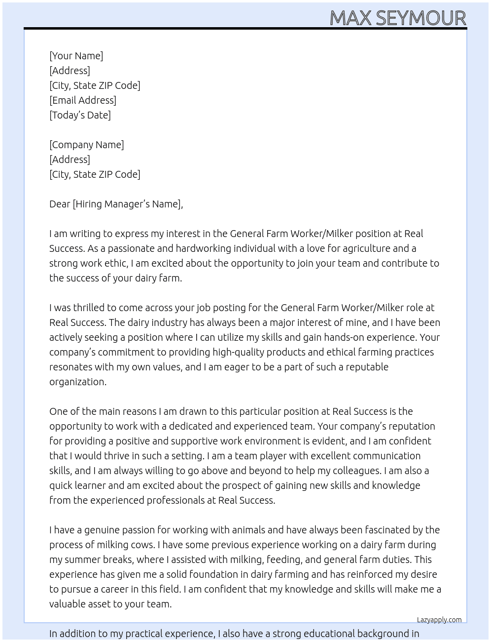 General Farm Worker / Milker At Real Success Cover Letter