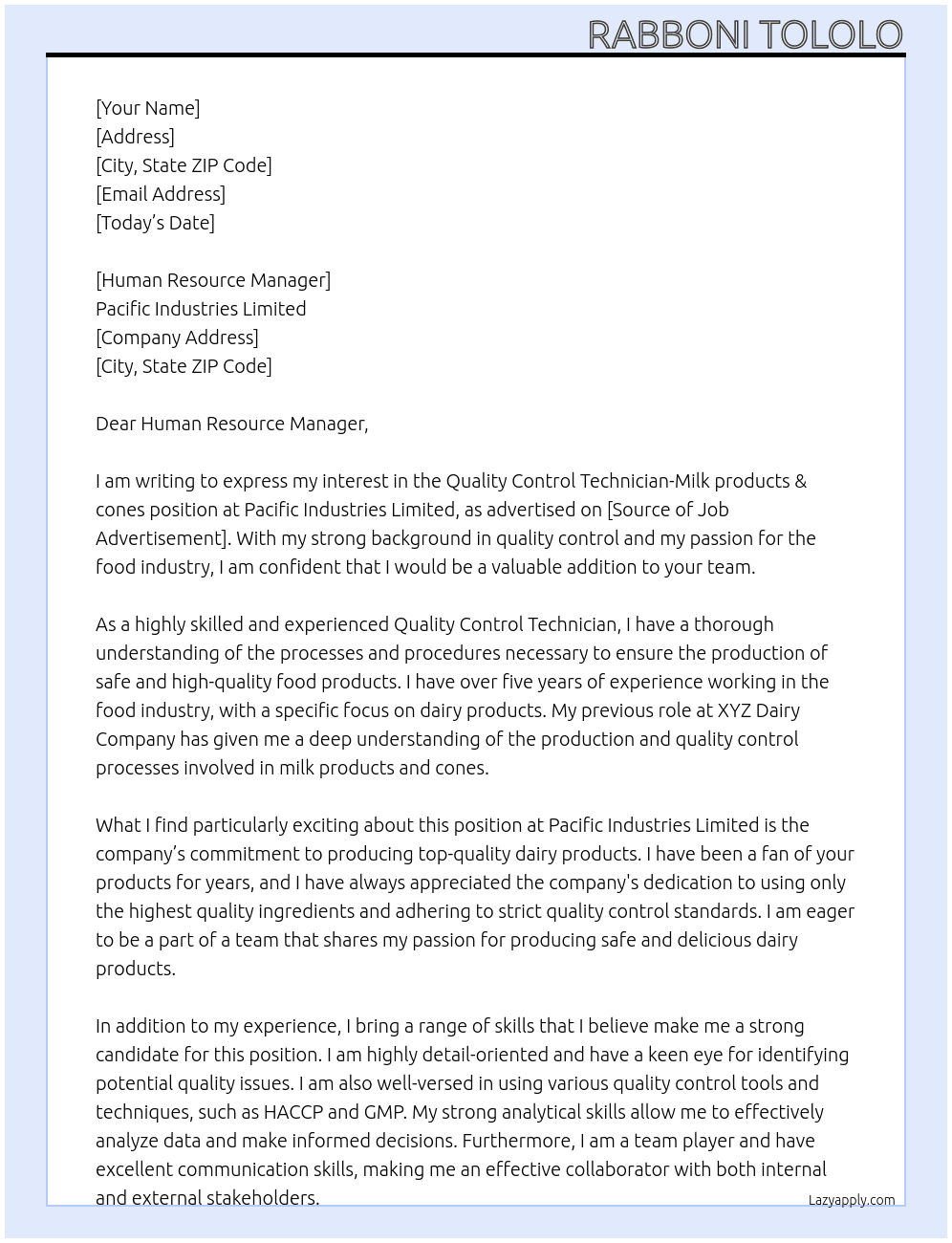 Quality Control Technician-Milk products & cones At Pacific Industries Limited Cover Letter