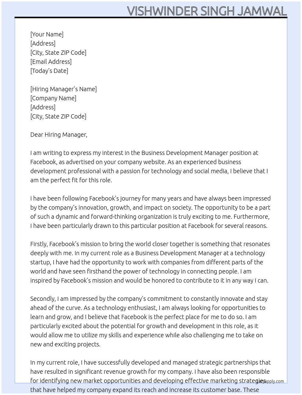 Business Development Manager  At Facebook Cover Letter