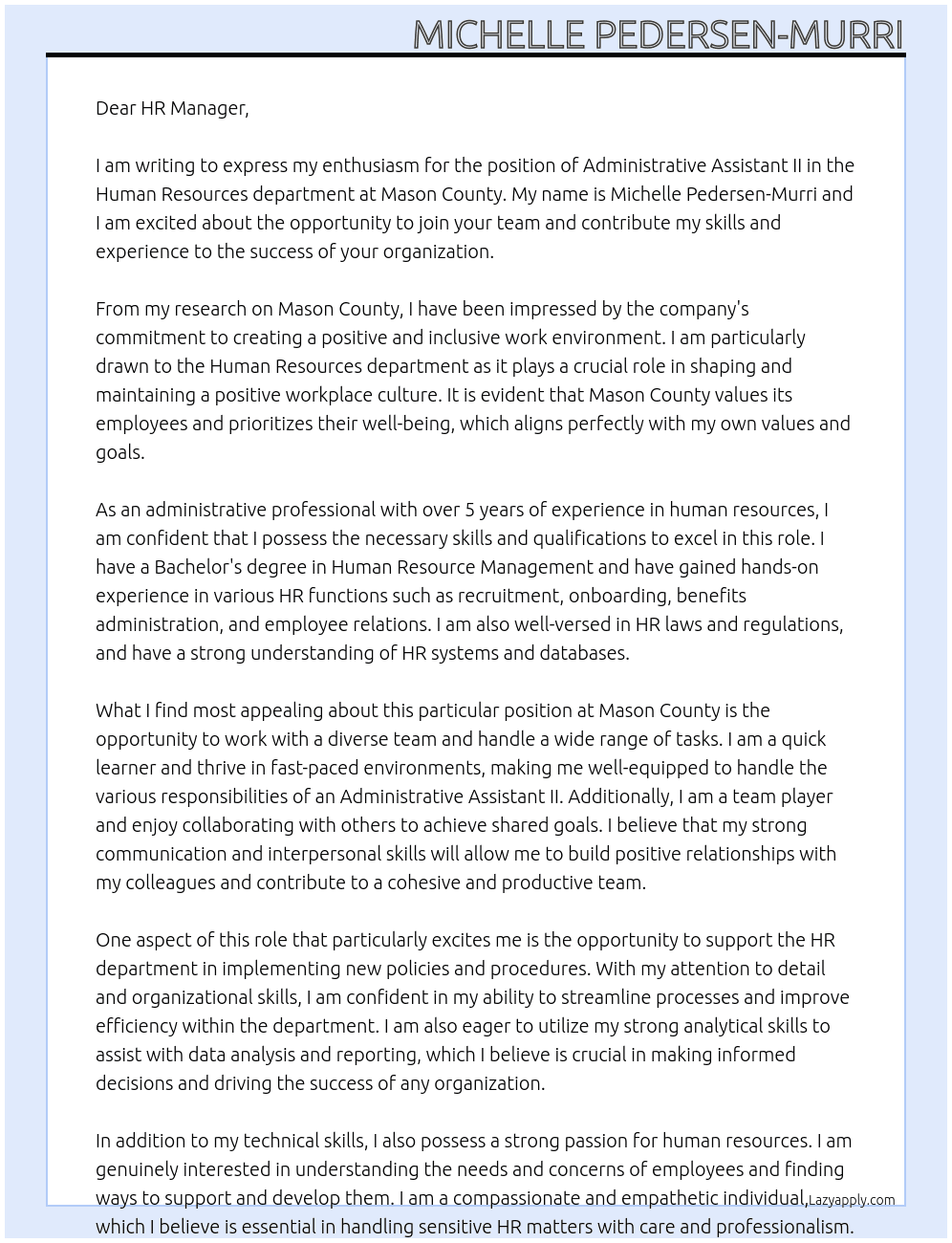 Administrative Assistant II - Human Resources At Mason County Cover Letter