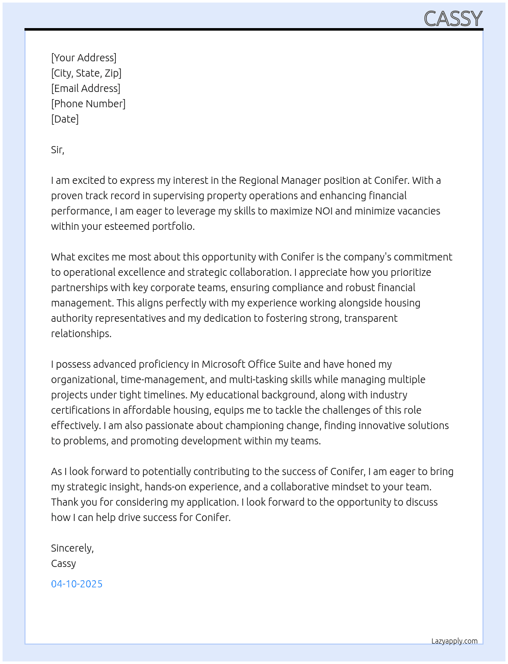 Regioal Manager At Conifer Cover Letter