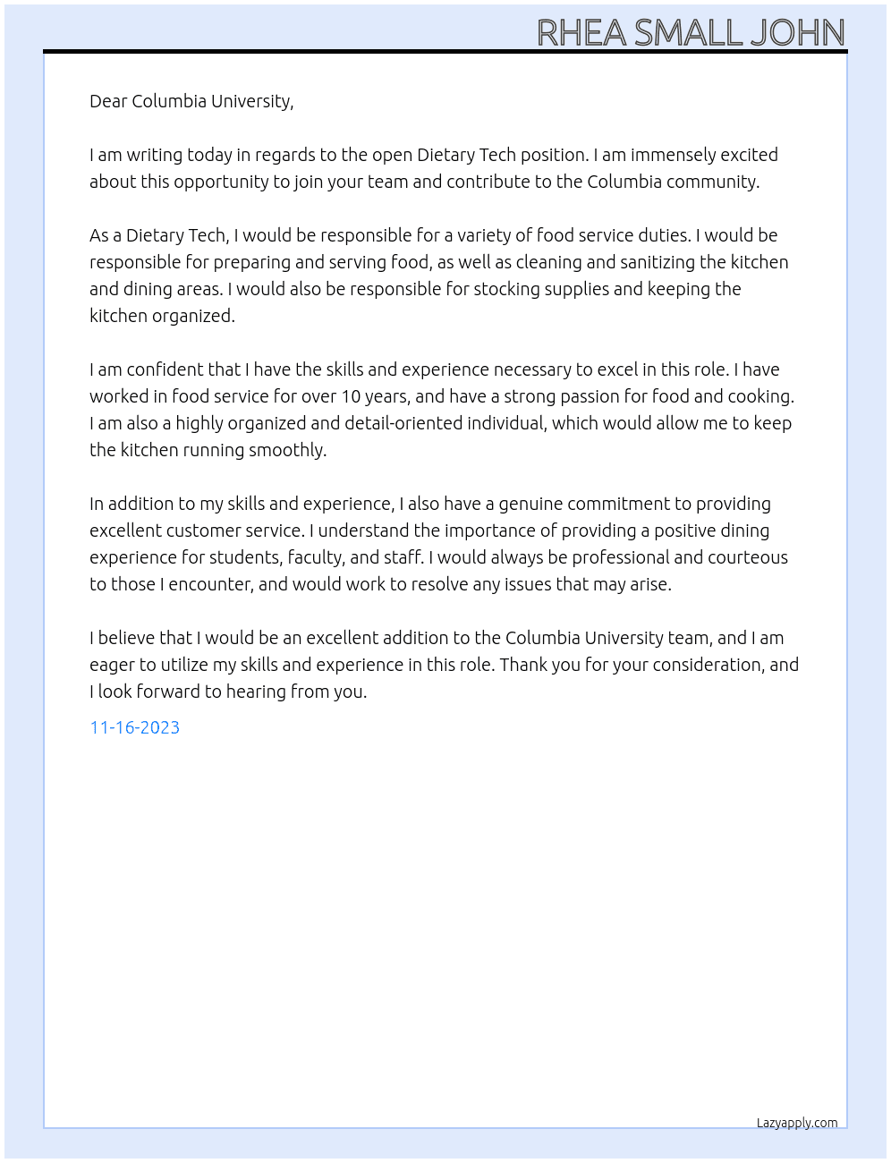 DIETARY TECH At COLUMBIA UNIVERSITY Cover Letter