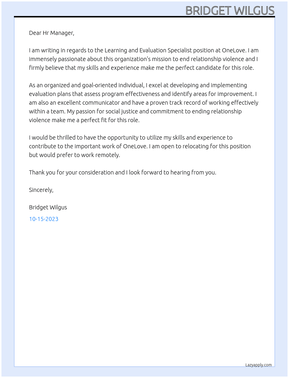 Learning and Evaluation Specialist  At OneLove Cover Letter