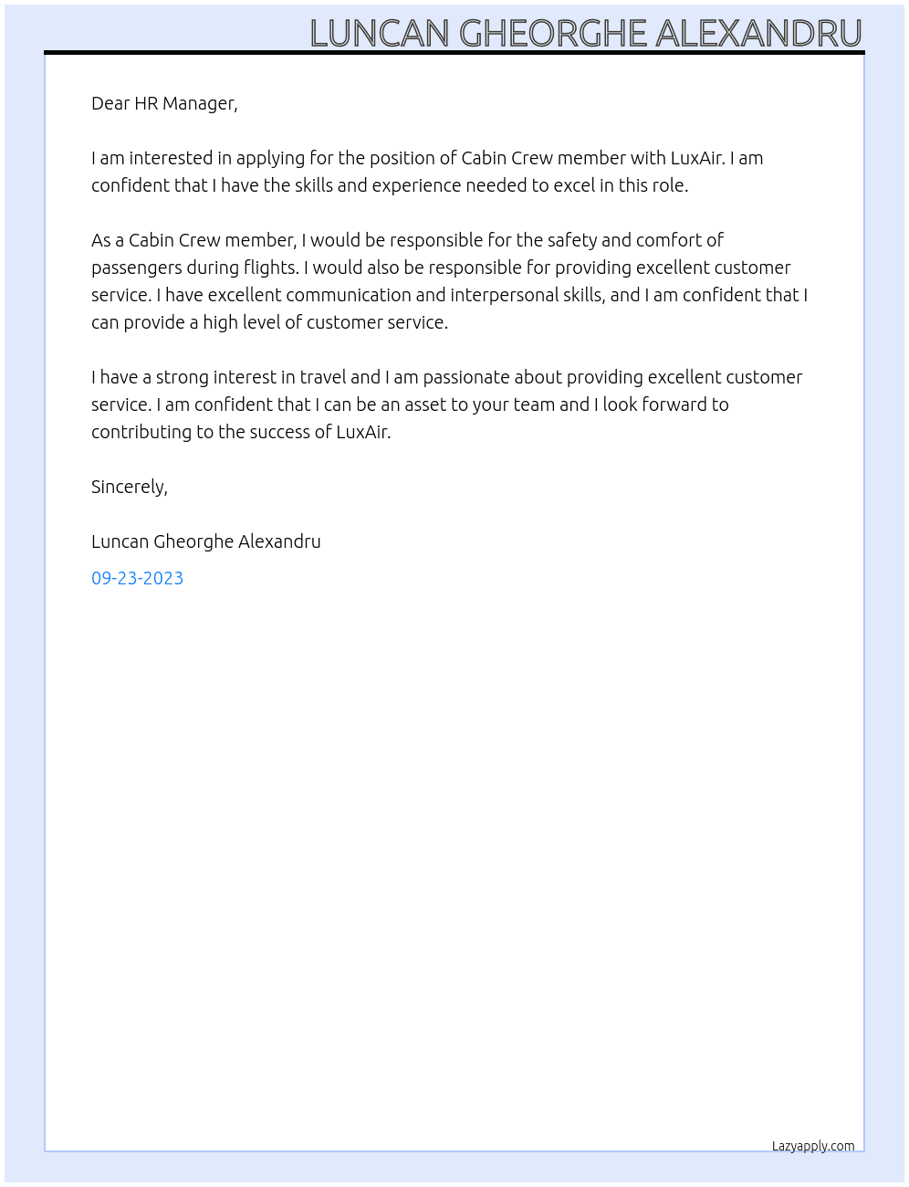 Cabin crew member At LuxAir Cover Letter