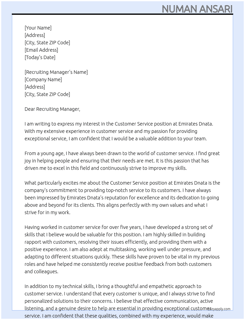 Customer Service  At Emirates Dnata  Cover Letter