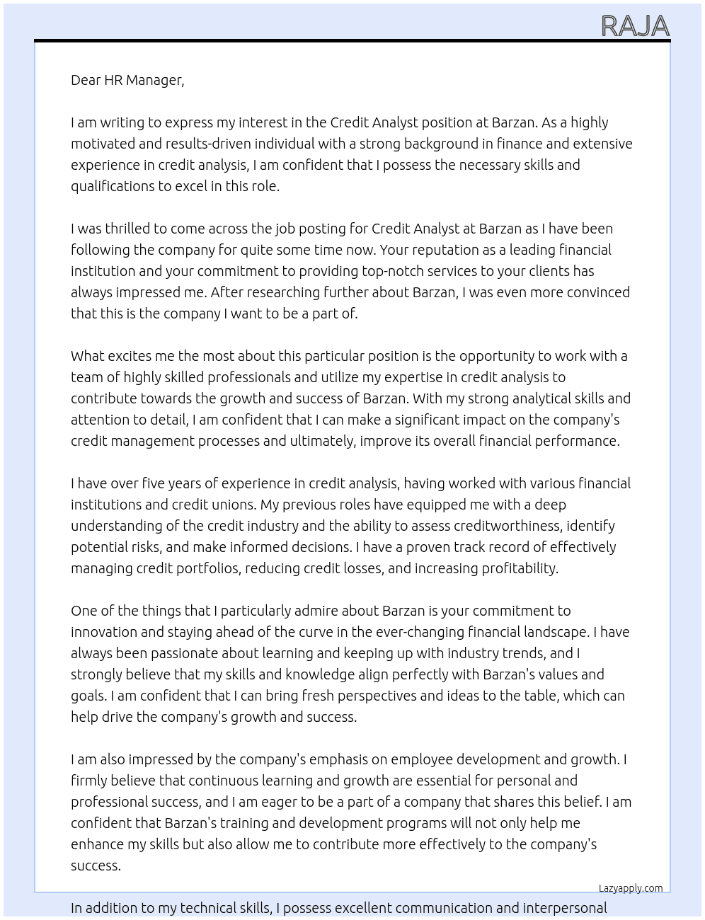 Credit Analyst At Barzan Cover Letter