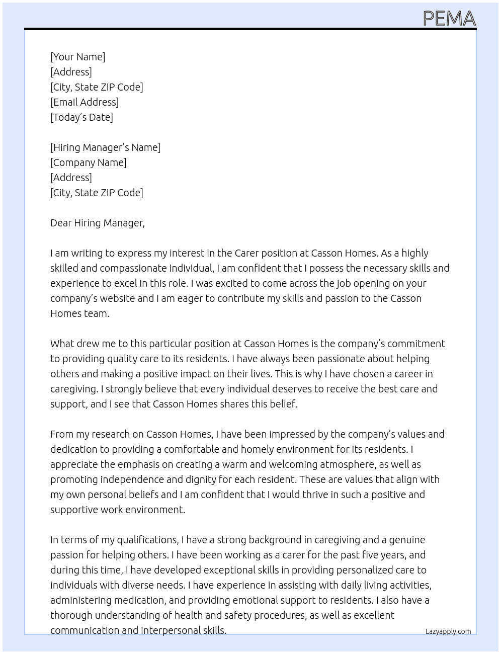 Carer At Casson Homes  Cover Letter