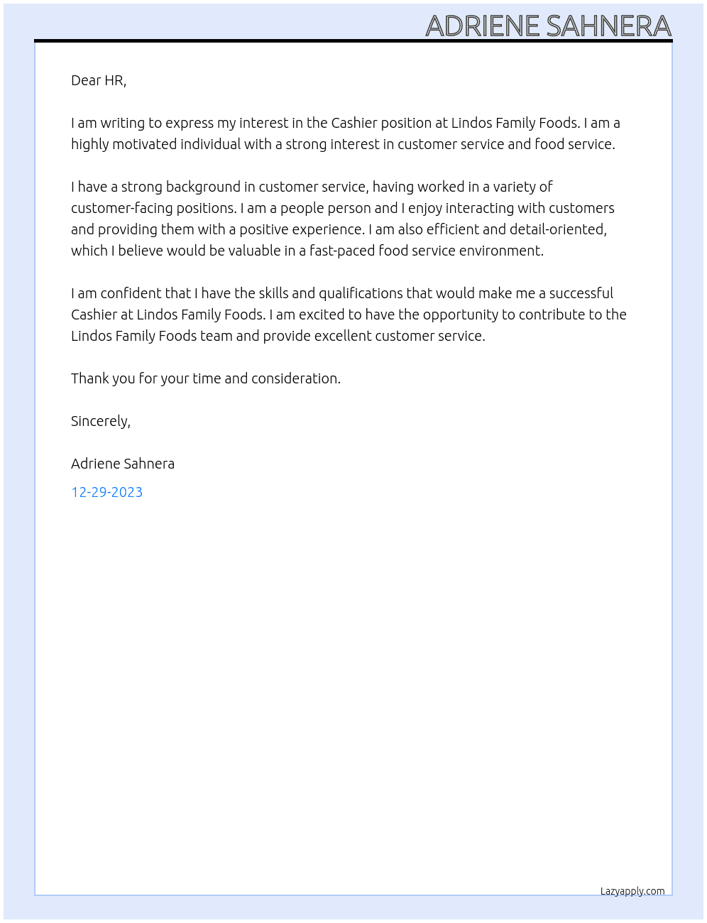 Cashier At Lindos Family Foods Cover Letter