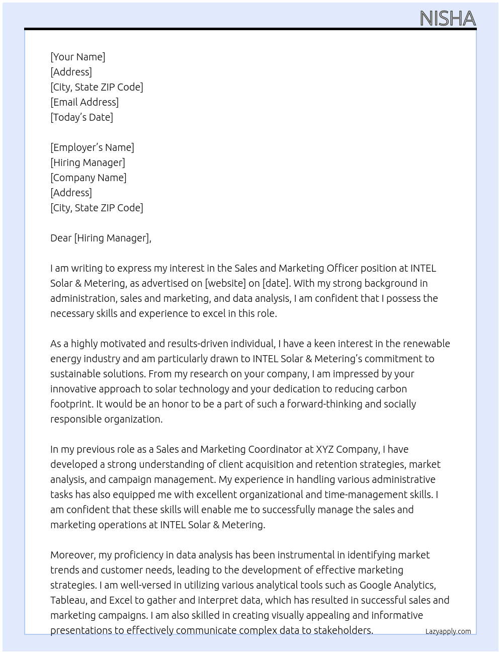 sales and marketing officer At INTEL Solar & meetering  Cover Letter