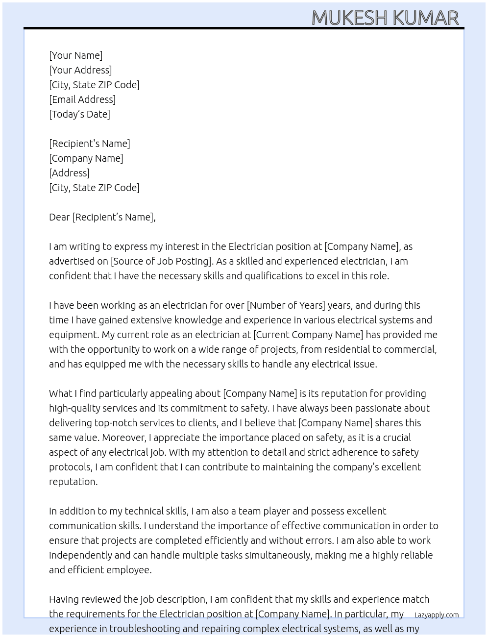 Electrician  At For Visa Cover Letter