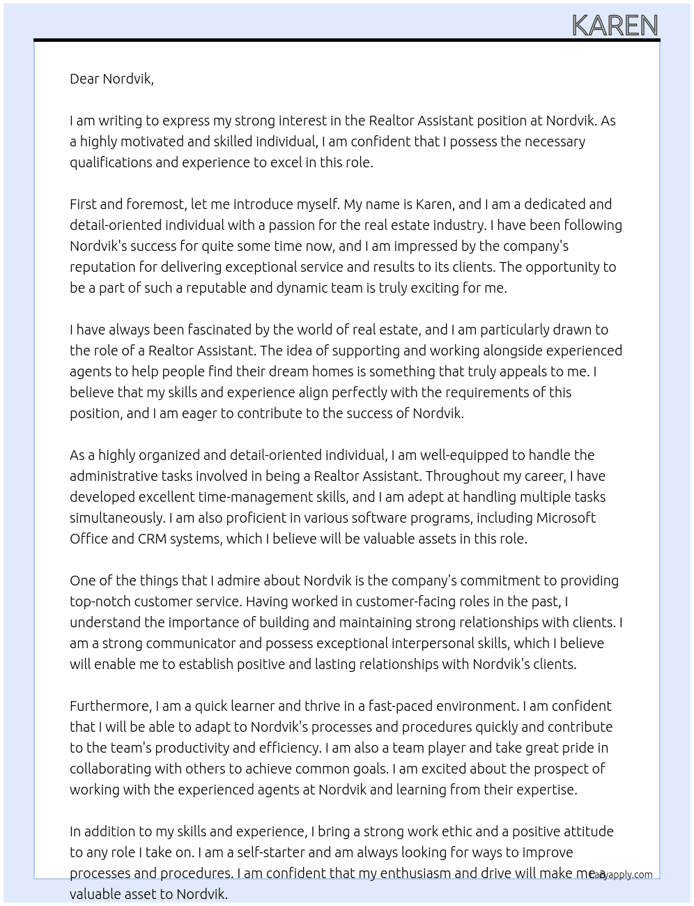 Realtor Assistant At Nordvik Cover Letter