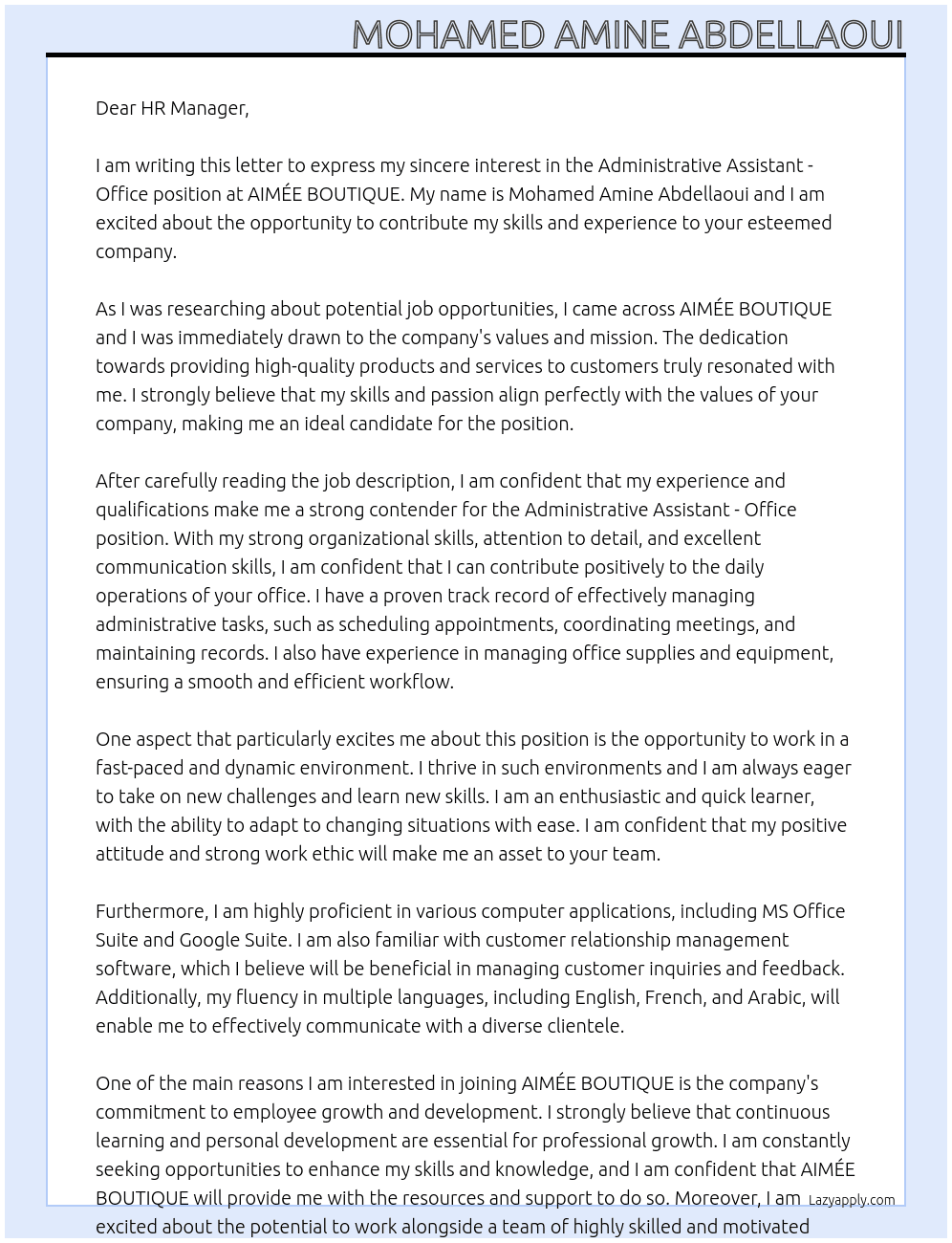 Administrative assistant - office At AIMÉE BOUTIQUE Cover Letter