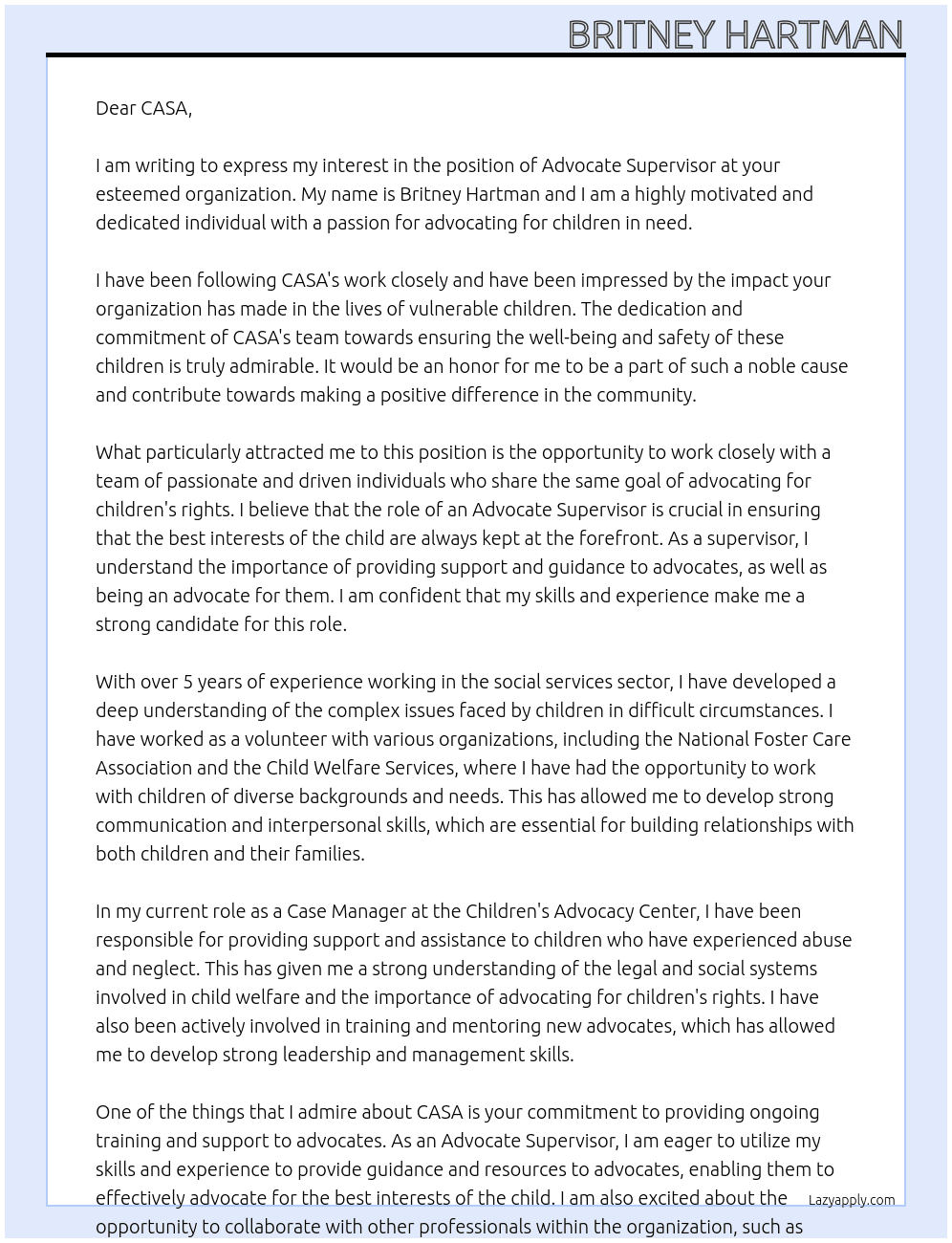 Advocate Supervisor  At CASA Cover Letter