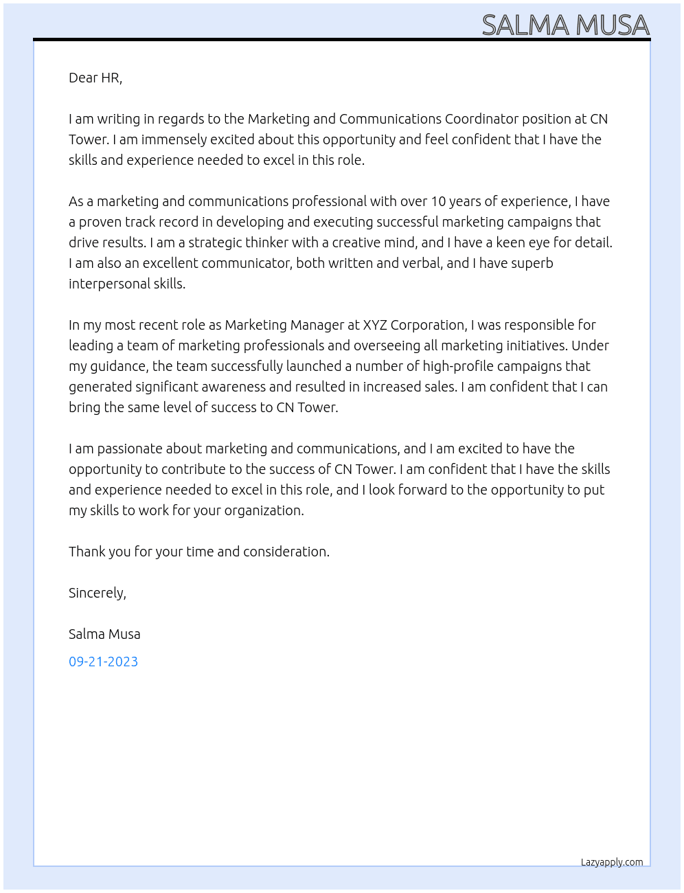  Marketing and Communications Coordinator At CN Tower  Cover Letter