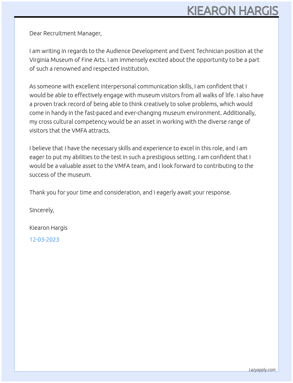 Audience Development and Event Technician At Virginia Museum of Fine Arts Cover Letter
