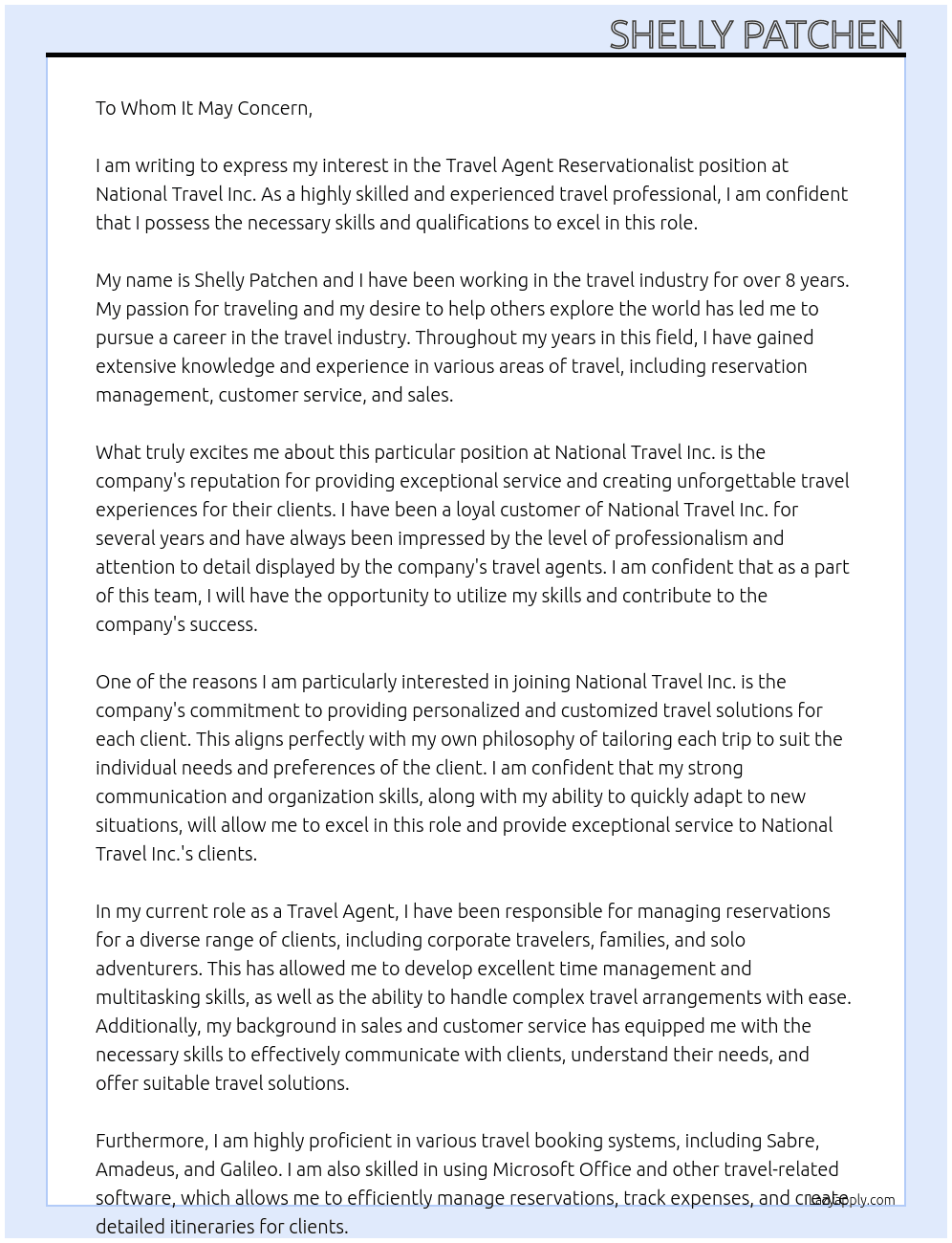 Travel Agent Reservationalist At National Travel Inc.  Cover Letter