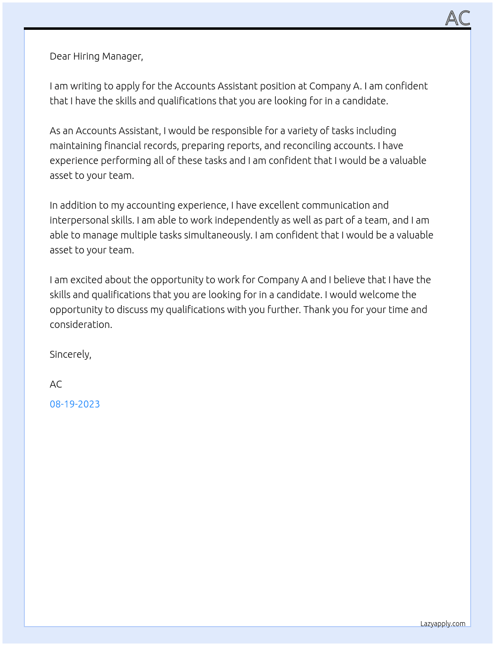 ACCOUNTS ASSISTANT  At A Cover Letter