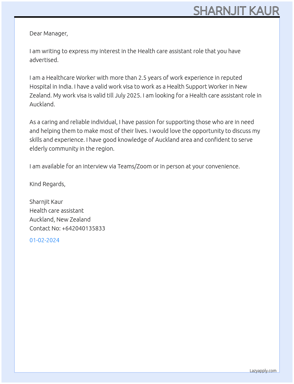 Health care assistant At Multiple companies Cover Letter