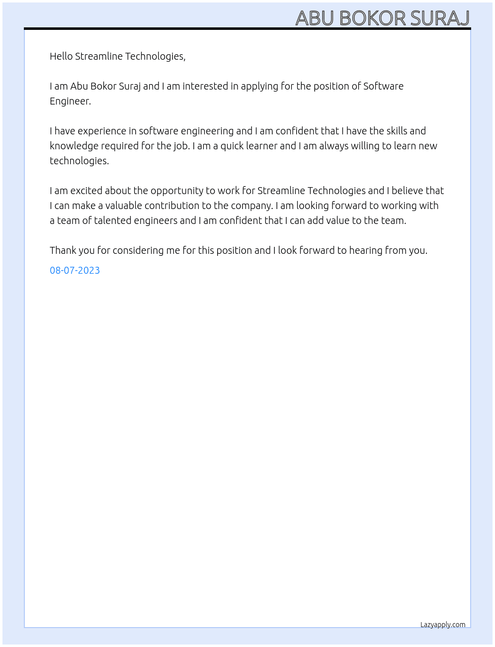 Software Engineer At https://streamline-technologies-gmbh.breezy.hr/ Cover Letter