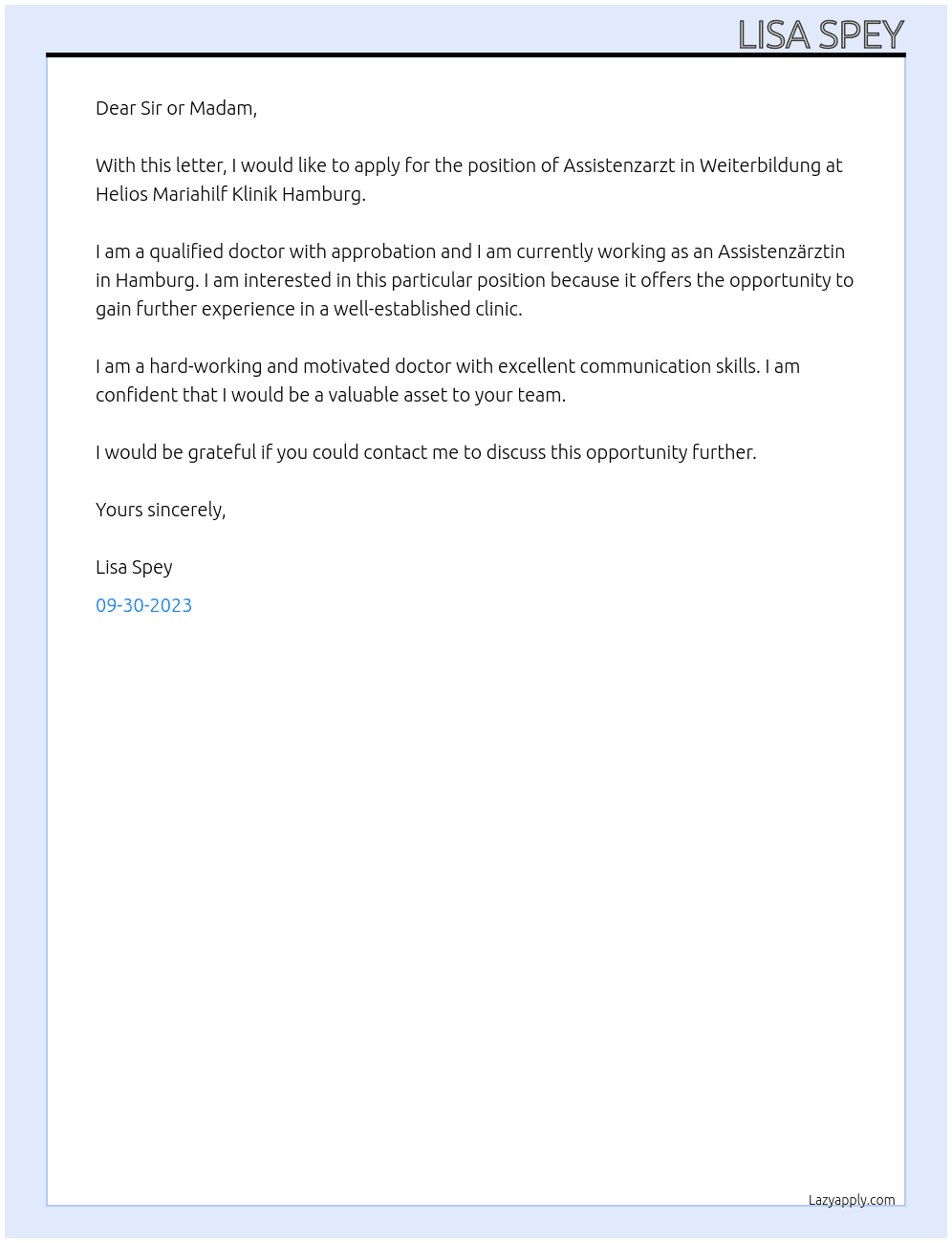 Assistenzarzt in Weiterbildung At Helios Mariahilf Klinik Hamburg Cover Letter