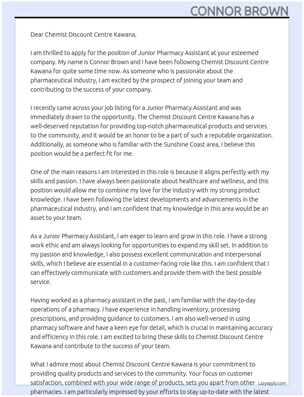 Junior Pharmacy Assistant At Chemist Discount Centre Kawana Cover Letter