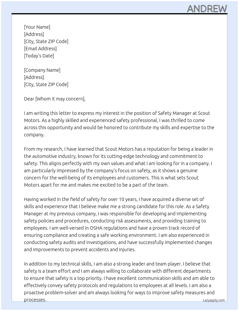 Safety Manager At Scout Motors Cover Letter