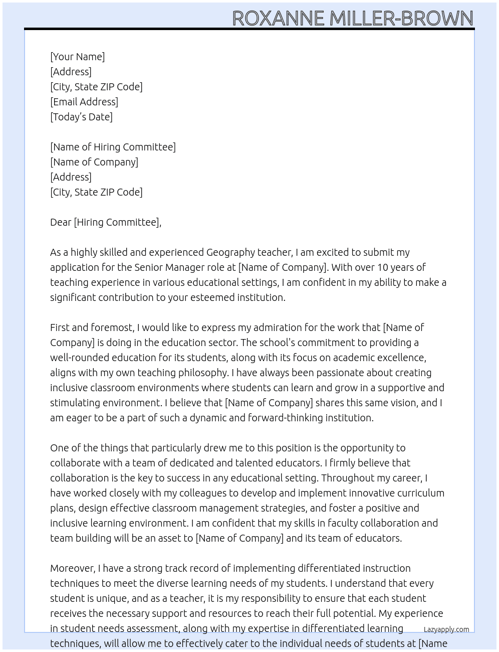 geography teacher At high school Cover Letter