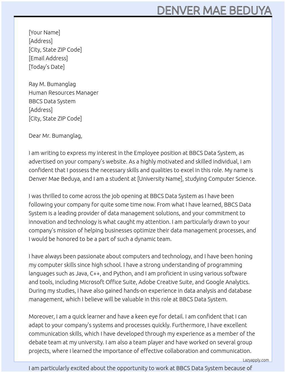 Employee At BBCS Data system Cover Letter