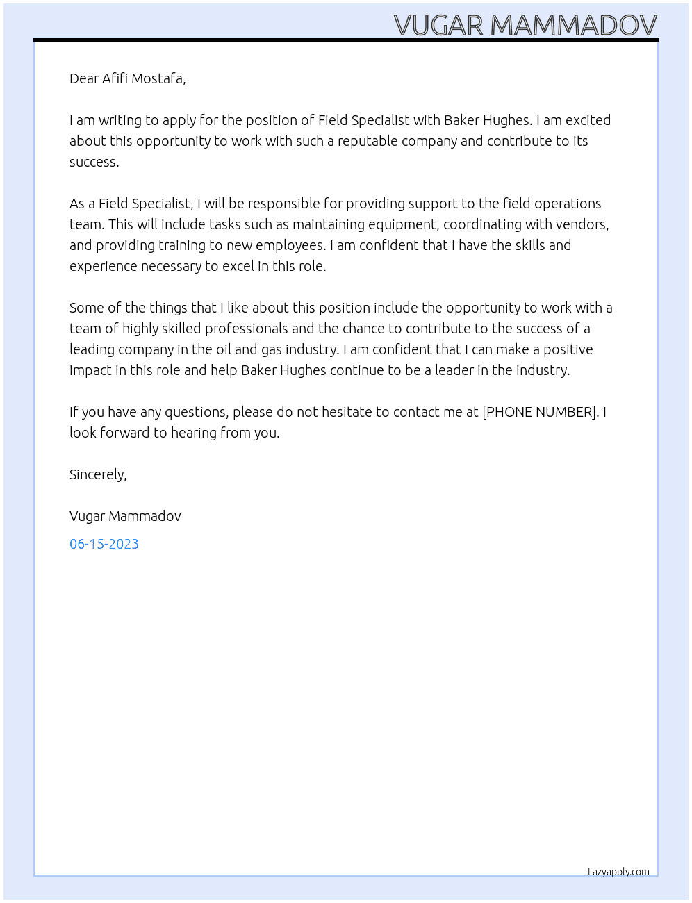 Cover letter for field specialist - LazyApply