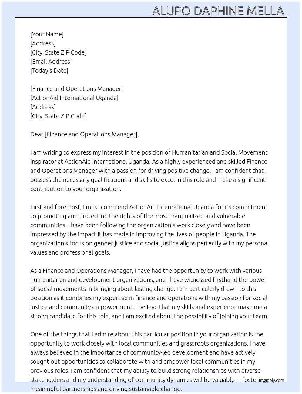 Humanitarian and Social Movement Inspirator  At ActionAid International Uganda  Cover Letter