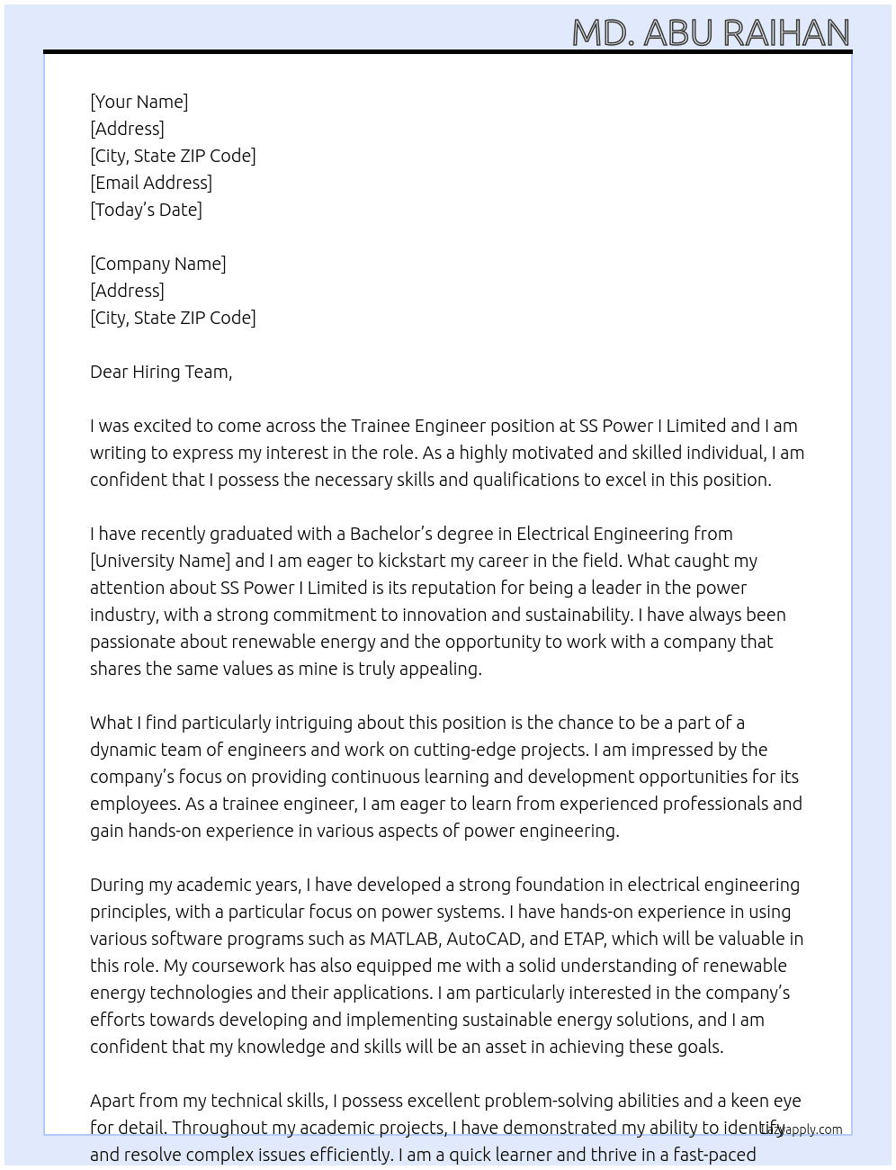 Trainee Engineer  At SS POWER I LIMITED Cover Letter