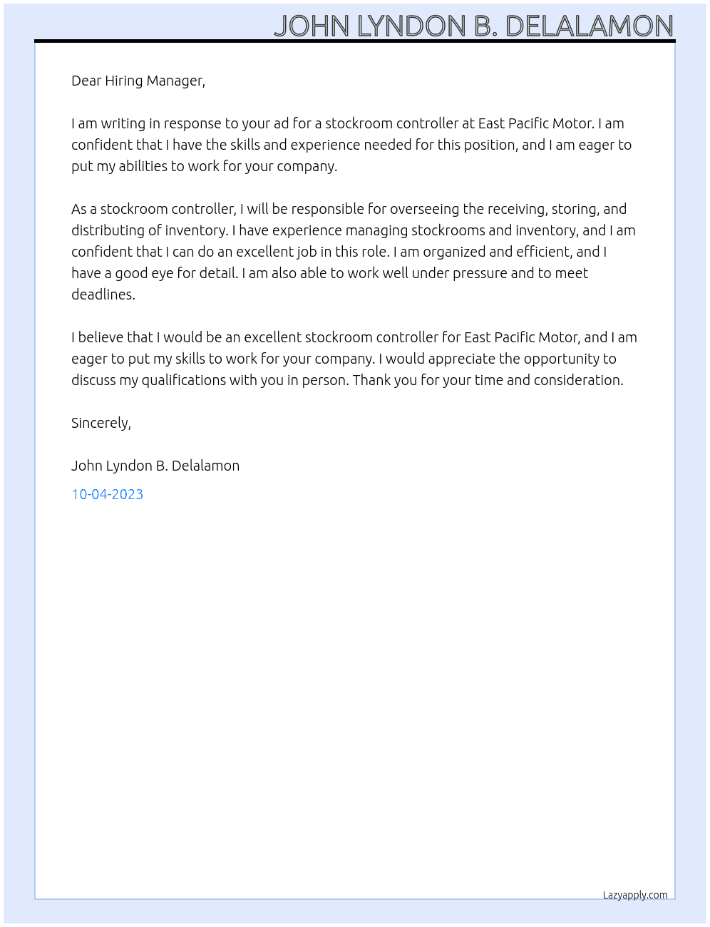 stockroom controller At east pacific motor Cover Letter