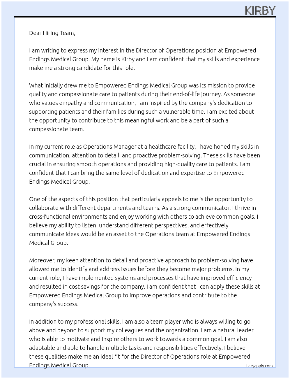 Director of Operations At Empowered Endings Medical Group Cover Letter