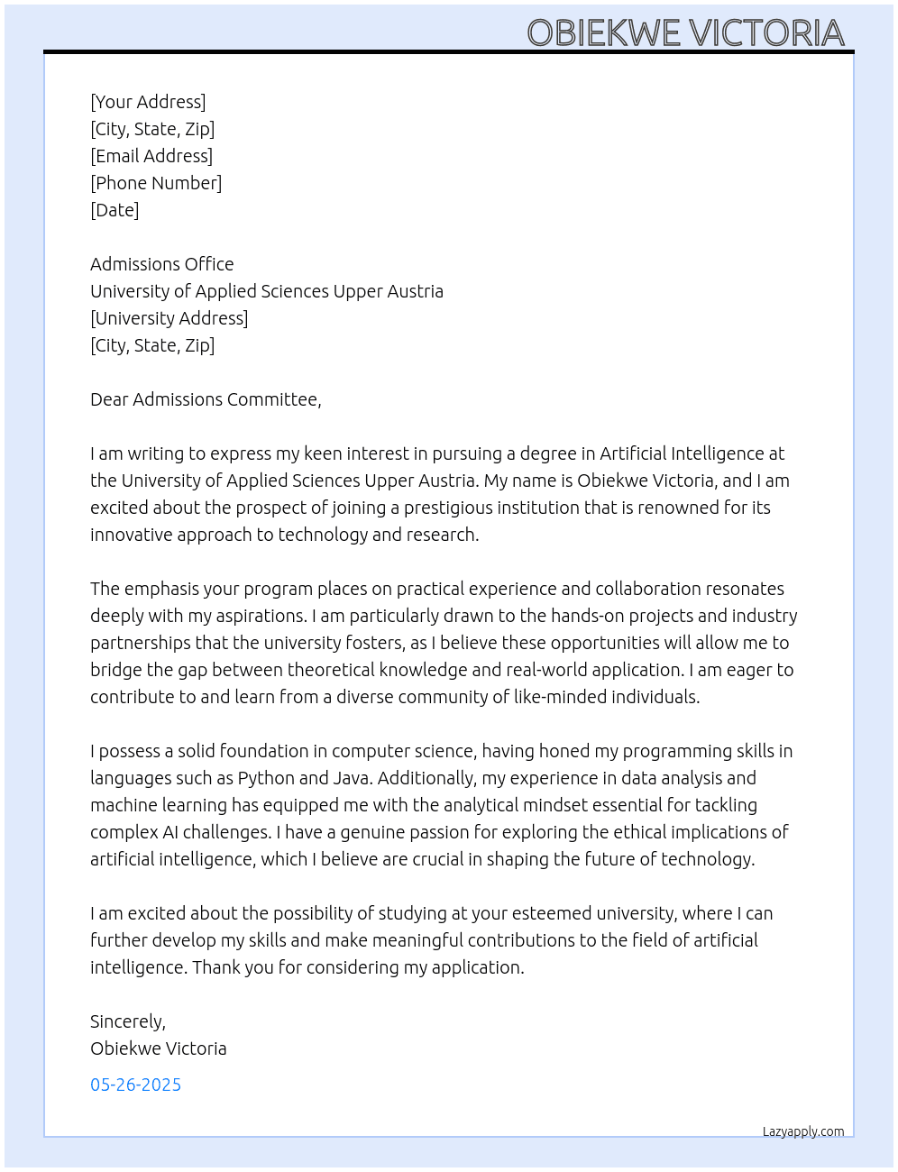 Why I want to study artificial intelligence  At Admission Cover Letter