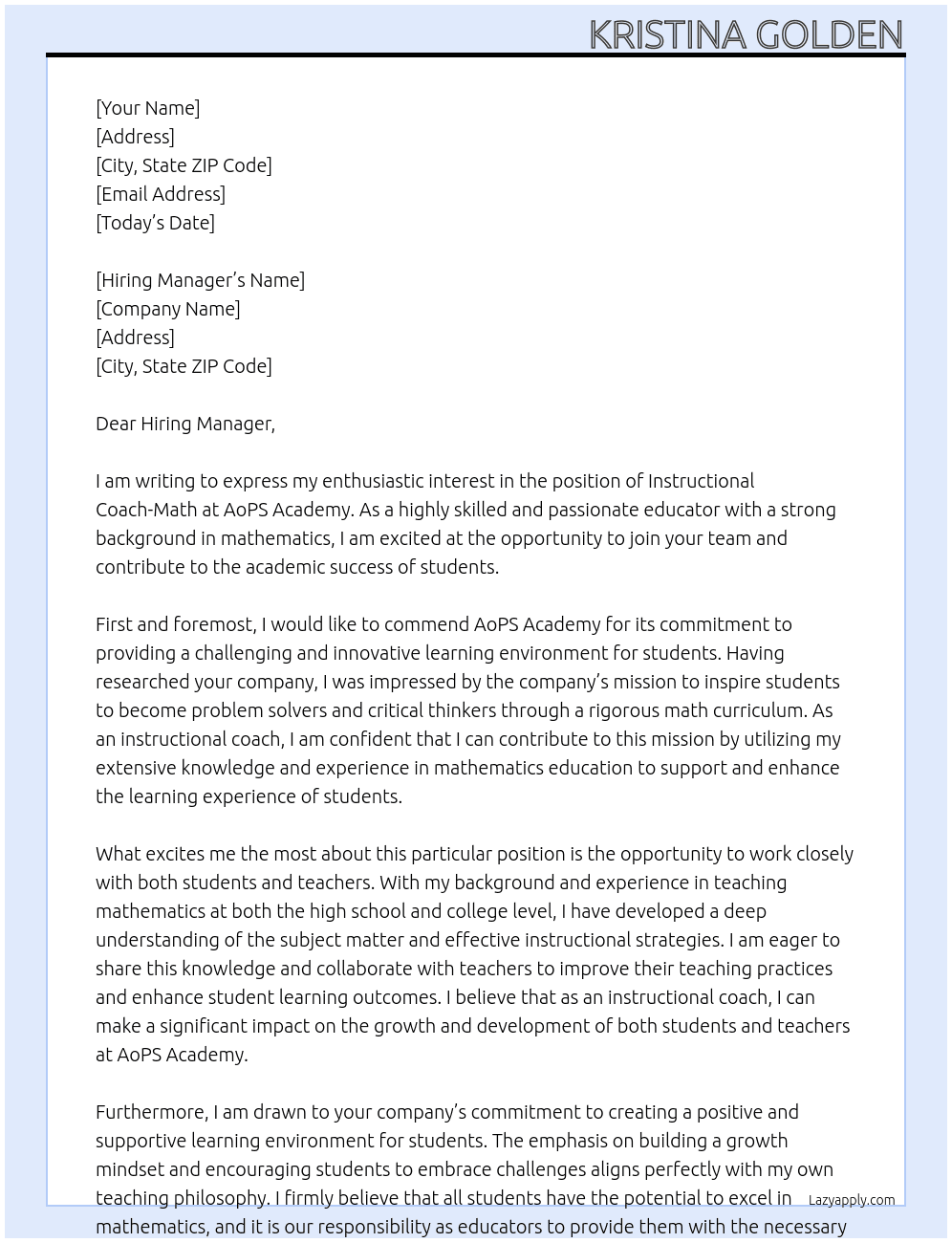 Instructional Coach-Math At AoPS Academy Cover Letter
