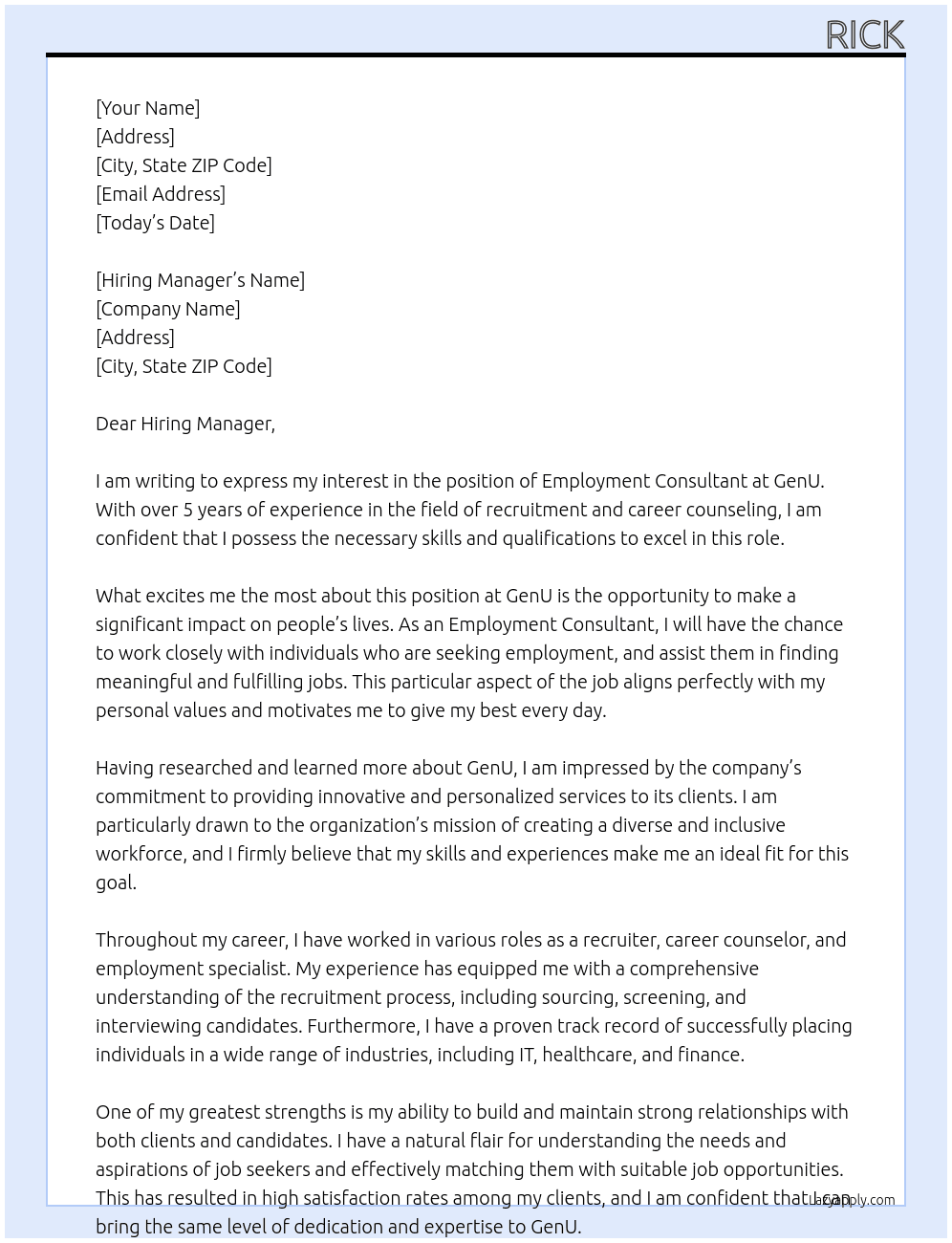 Employment Consultant At GenU Cover Letter